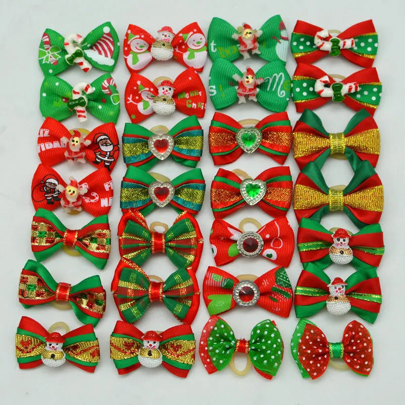 50pcs Christmas Dog Bowknot Cat Hair Bows with Rubber Band Santa Claus Decoration Small Dog Pet Accessories