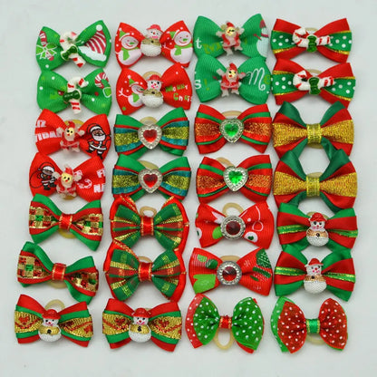50pcs Christmas Dog Bowknot Cat Hair Bows with Rubber Band Santa Claus Decoration Small Dog Pet Accessories