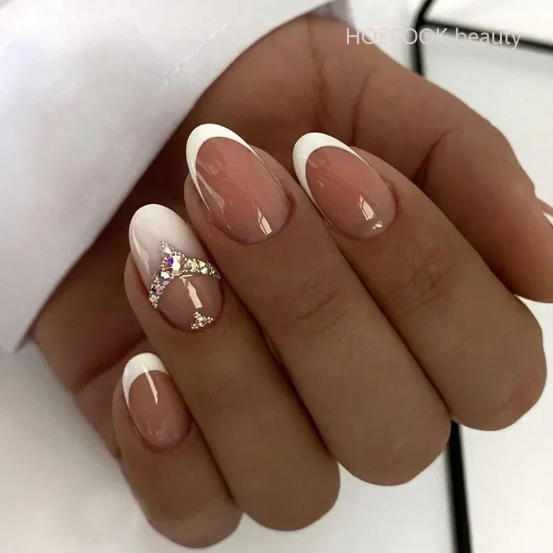 24pcs Black 3D Bow Almond Fake Nails Tips Pearl Love Sequin Design False Nails Art Removable Waterproof Artificial Press on Nail