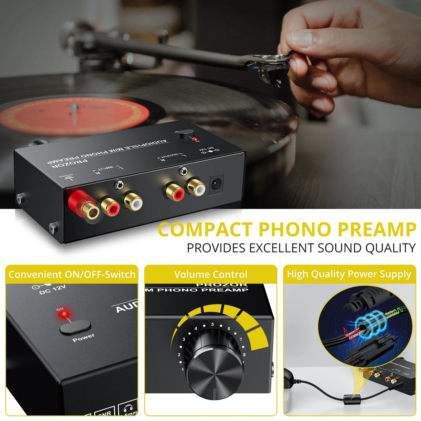 PROZOR Phono Preamplifier Converter Audiophile M/M Phono Preamp Preamplifier with Level Control 2 RCA Input & Output for AK-750S
