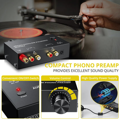 PROZOR Phono Preamplifier Converter Audiophile M/M Phono Preamp Preamplifier with Level Control 2 RCA Input & Output for AK-750S