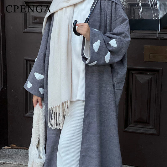 Saudi Clouds Open Abaya Elegant Eid Muslim Modest Coat for Women Islam Turkey Embroidery Dress Cotton Linen Long Sleeve Clothing