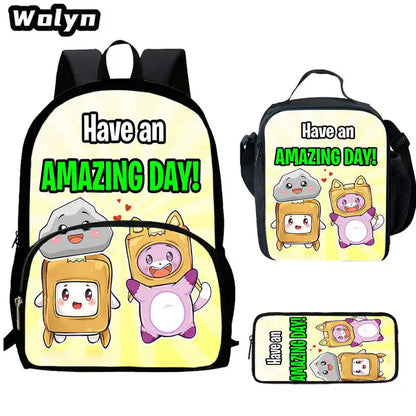 3Pcs Set LankyBox School Backpacks with Lunch Bag Pencil Case,Cartoon Large Capacity School Bags for Grade 1-4,Mochila for Pupil