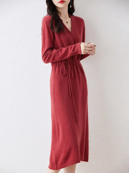 100% Wool Knitting Dresses Women 2023  Winter New Fashion Length-keen Warm&Best Quality Female V-neck Cloth Chinese Style Skirt