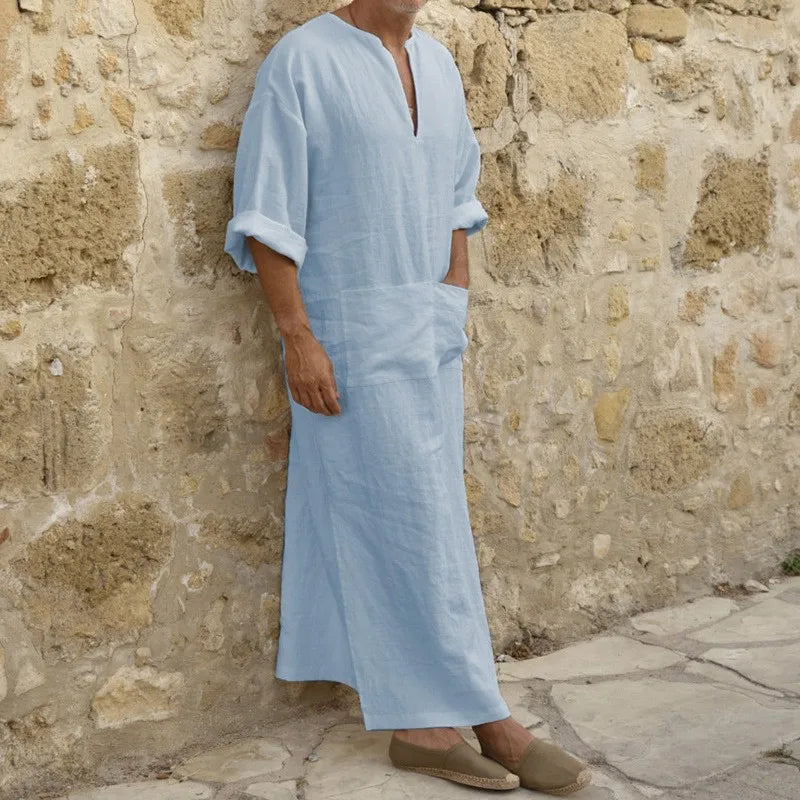 2023 New Men Jubba Thobe Kaftan Muslim Arab Islamic V-neck Short Sleeve Solid Cotton Linen Robes Muslim Fashion Arabia Man abaya