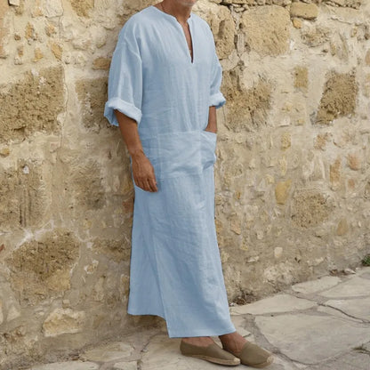 2023 New Men Jubba Thobe Kaftan Muslim Arab Islamic V-neck Short Sleeve Solid Cotton Linen Robes Muslim Fashion Arabia Man abaya