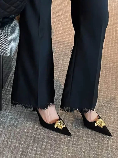 Pointed black women's shoes, slim heels, sexy metal flower runway shoes, high heels, banquet shoes