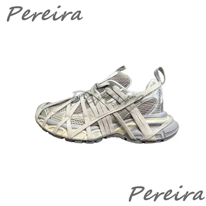 Mesh Thick Soled Casual Sneakers for Men Women Summer Breathable Lace Up Sports Shoes Trendy Cross Strap Outdoor Couple Shoes