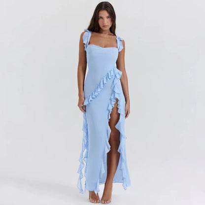 Sexy Summer Elegant Long Dresses For Women Backlesss Sexy Dress Red High Slit Streamer Vestidos Elegant Women's Party Dresses