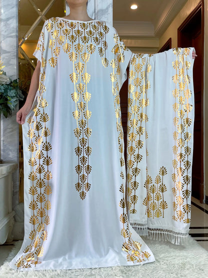 2024 Summer Short sleeve Dress Pure Cotton Gold Stamping Loose Abaya Maxi Islam Dress With Tassels Big Scarf African Long Dress