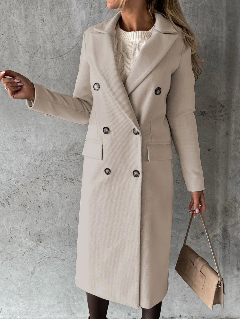 Women's Spring Style New Set Versatile Woolen Coat Solid Color Long Sleeve Double breasted Insert Pocket