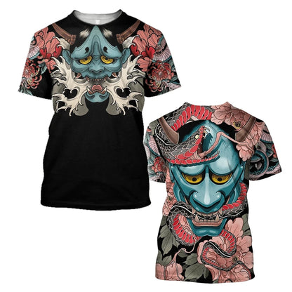 Japanese Harajuku Printed T Shirt For Men Fashion Samurai Mask Graphic T shirts Summer Leisure O-neck Pullover Oversized Topsy2k