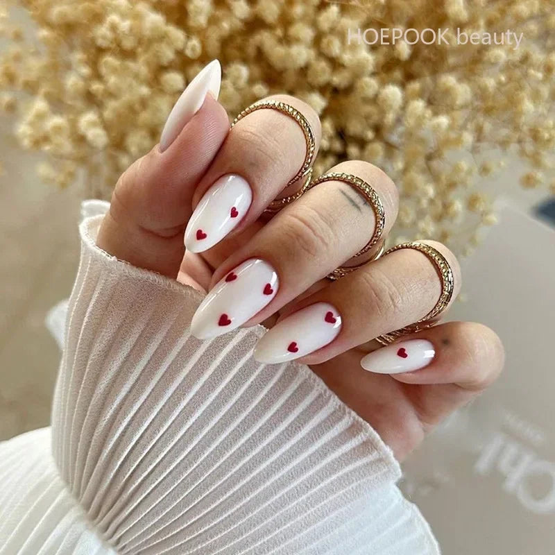 24pcs Black 3D Bow Almond Fake Nails Tips Pearl Love Sequin Design False Nails Art Removable Waterproof Artificial Press on Nail