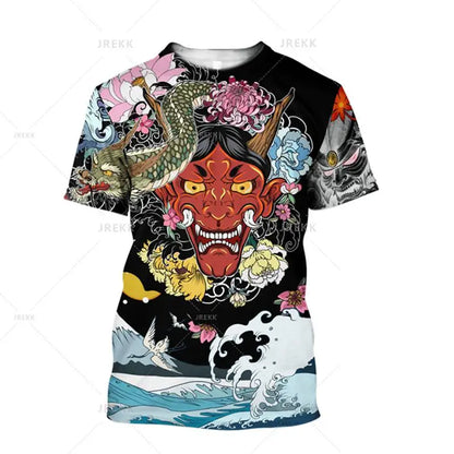 Japanese Harajuku Printed T Shirt For Men Fashion Samurai Mask Graphic T shirts Summer Leisure O-neck Pullover Oversized Topsy2k