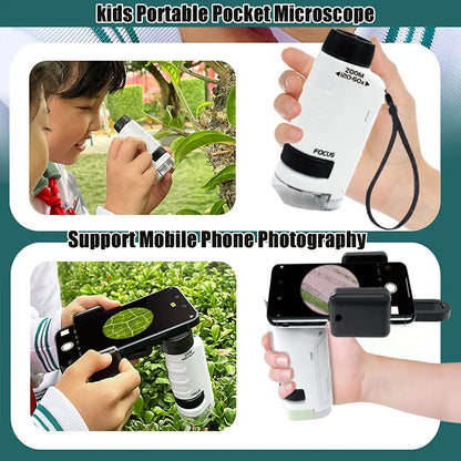 Kid Science Experiment Pocket Microscope Toy Kit 60-120x Educational Mini Handheld Microscope with Light Children STEM Toys Gift