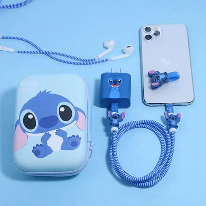 Disney Stitch Data Cable Protective Cover Miniso Cartoon Figure Iphone Charger Head Sticker Earphone Line Usb Winder Storage Bag
