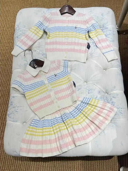Spring Summer New Arrival Kids Knitted Ice Cr  ort Sve Cardigan Skirt Set Cotton Korean Sle Children's Clothing