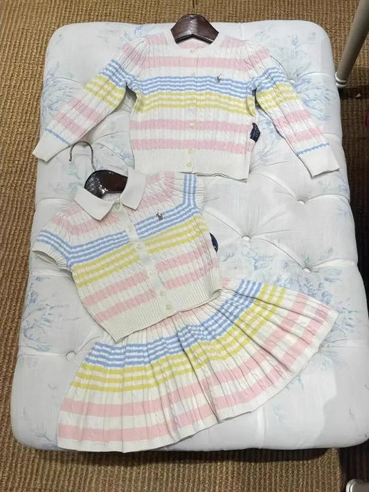 Spring Summer New Arrival Kids Knitted Ice Cr  ort Sve Cardigan Skirt Set Cotton Korean Sle Children's Clothing