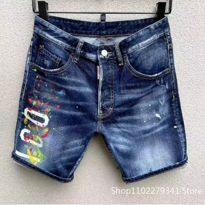 New Summer Men Blue Denim Shorts Italian Style Male Shorts Jeans High Quality Male Stretch Fit Ripped Denim Jeans Shorts Size 38
