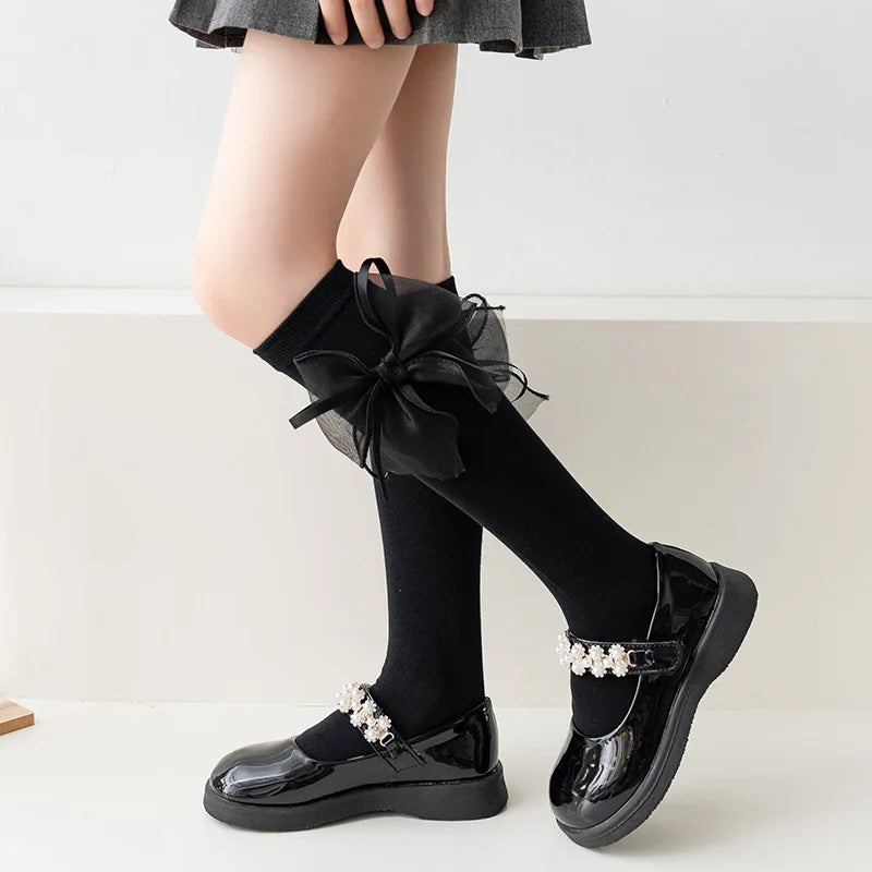 Ribbon Bow Kids Stockings Autumn Little Girl Over Knee Socks Solid Color Children Cotton Long Sock Princess Baby Calf Stocking