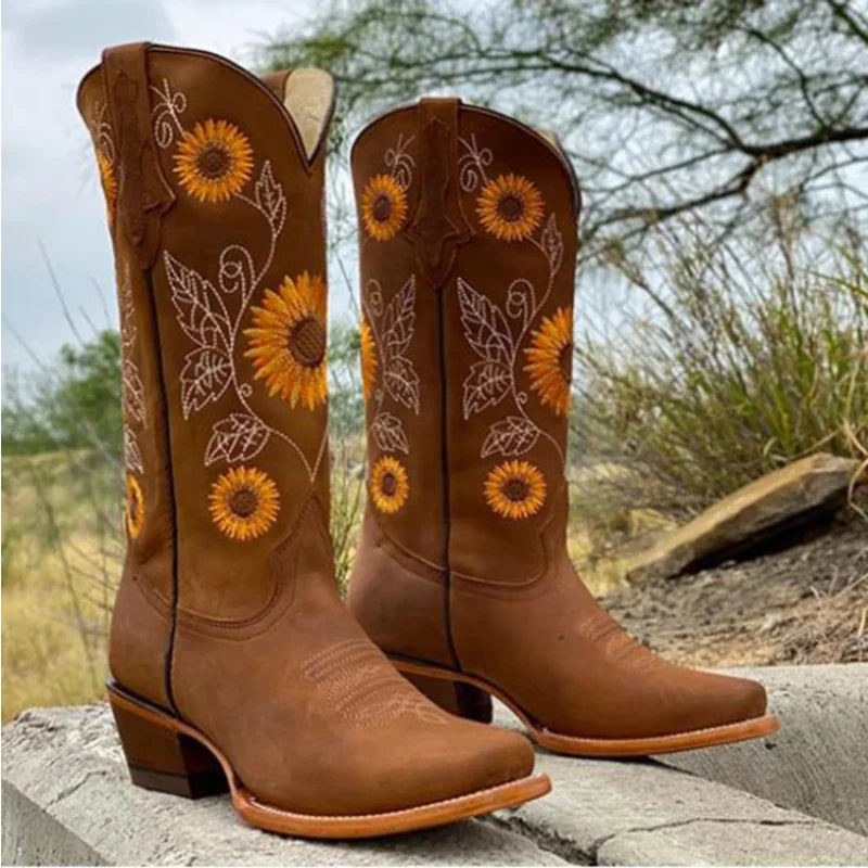 Western Cowboy Women Boots Coarse High Heel Embroidered Boot Ladies Toe Knee High Boots Shoes Suede Shoes Women's Boots