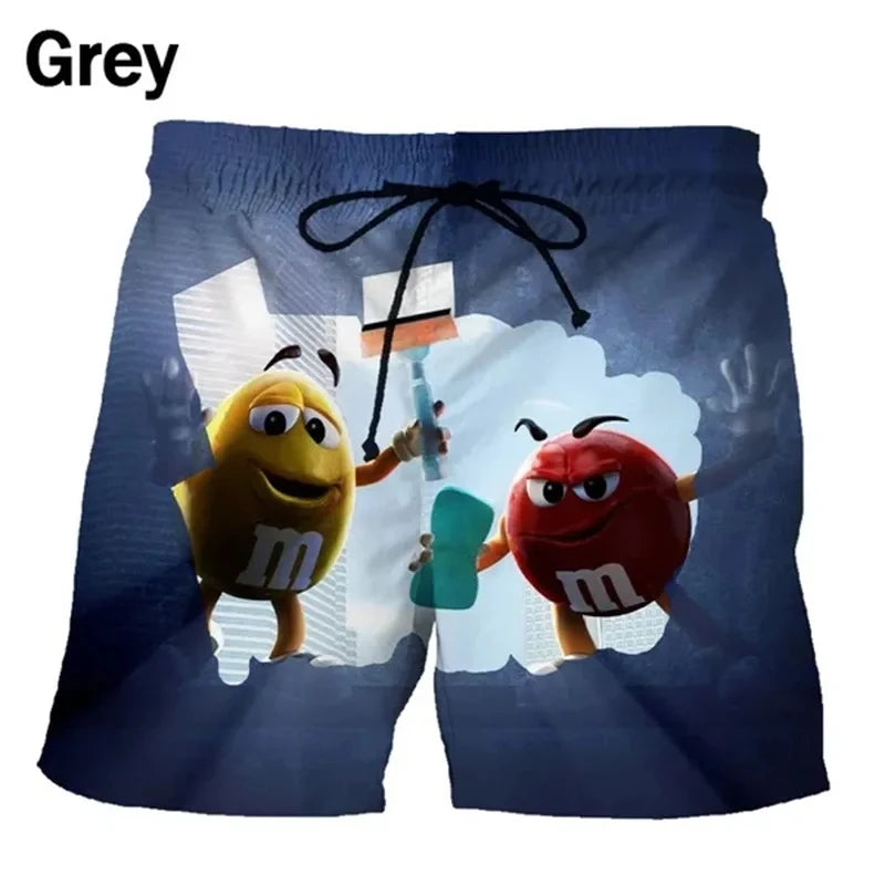 Funny M&M's Chocolate Bean Beach Shorts Men 3D Printing M&M Board Swimsuit Summer Quick Drying Sport