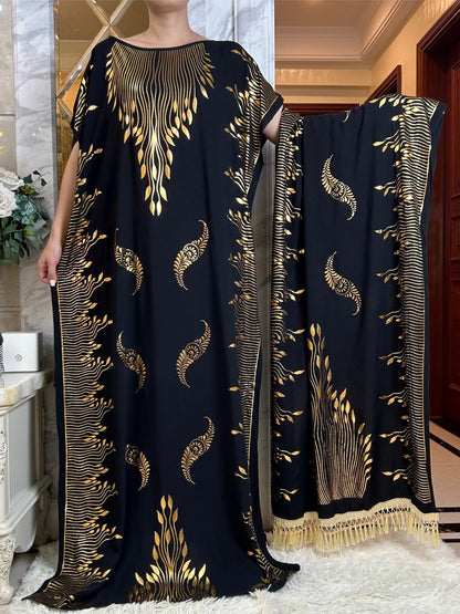 2024 Summer Short sleeve Dress Pure Cotton Gold Stamping Loose Abaya Maxi Islam Dress With Tassels Big Scarf African Long Dress
