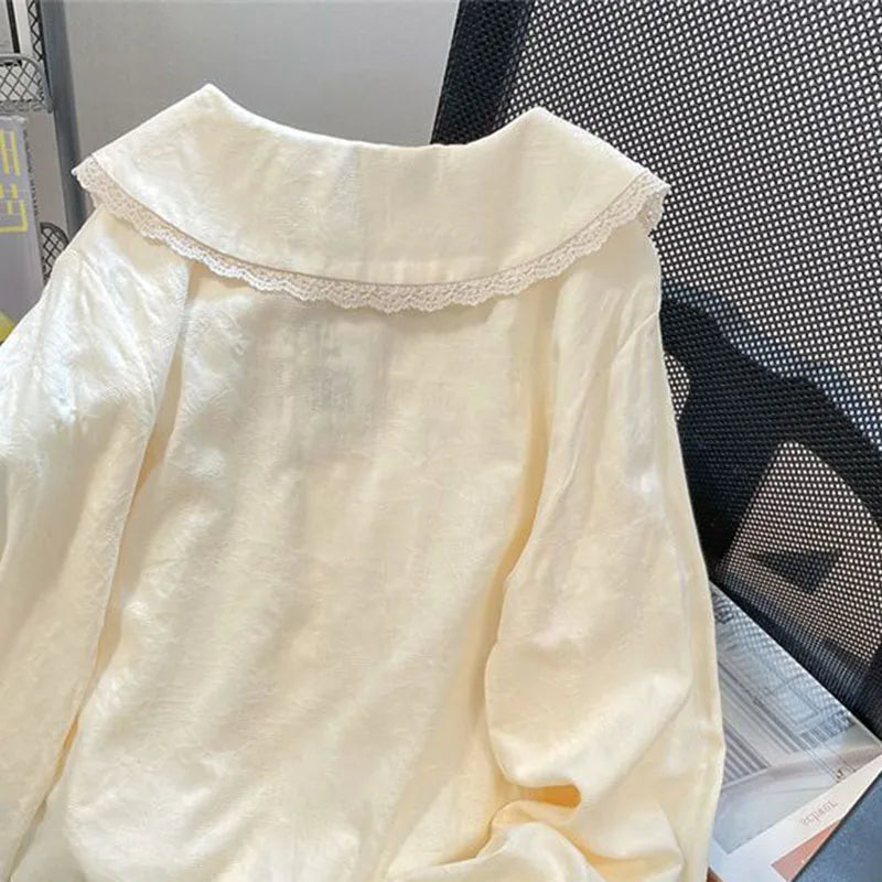 Xpabb Sweet Lace Floral Turndown Collar Shirt Woman Autumn Long Sleeve Loose Casual Blouse for Women All-match Buttons Shirts