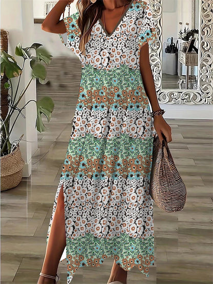 Vintage Geometric Irregular Printed T Shirt Long Women's Summer V-Neck Short Sleeve A-Line Dress Casual Vacation Slit Long Gowns
