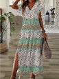 Vintage Geometric Irregular Printed T Shirt Long Women's Summer V-Neck Short Sleeve A-Line Dress Casual Vacation Slit Long Gowns