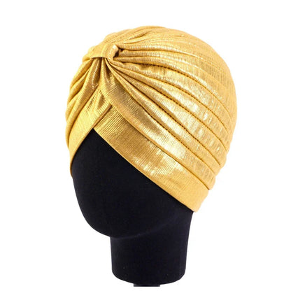 New Women Gold Silver Turban Hats Chemo Bandana Hijab Pleated Indian Cap Turbante Hat Ladies Hair Loss Headscarf Muslim Headwear