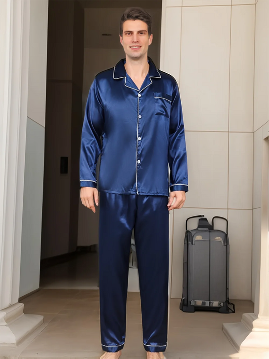 Solid Color Silk Pajamas For Men Long Sleeves Pijama Big size Lounge Male Home Night Wear Suit Satin Pyjama Men's Pajama Sets
