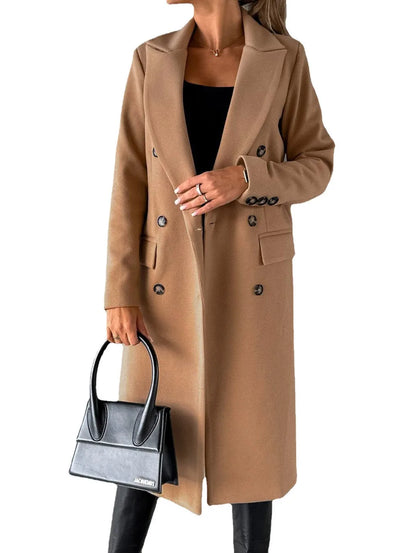 Women's Spring Style New Set Versatile Woolen Coat Solid Color Long Sleeve Double breasted Insert Pocket