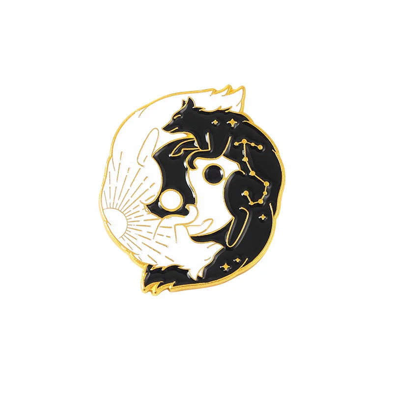 Cartoon Black White Animal Hug Enamel Pins Fox Koi Fish Dinosaur Deer Rabbit Crescent Ghost Alloy Brooch Badge Fashion Jewelry