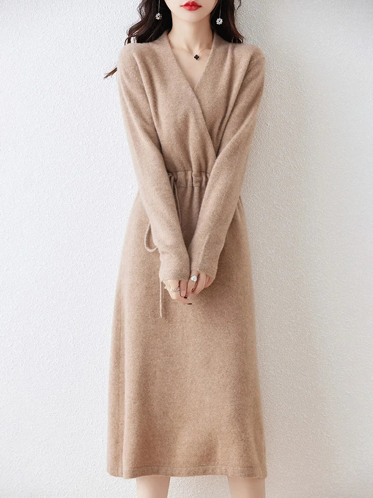 100% Wool Knitting Dresses Women 2023  Winter New Fashion Length-keen Warm&Best Quality Female V-neck Cloth Chinese Style Skirt