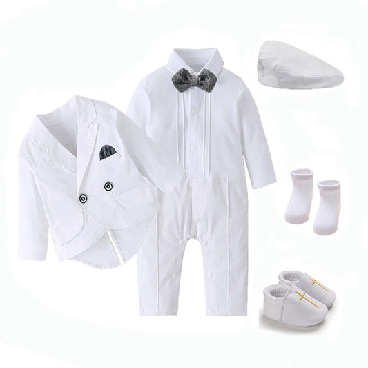 White Baby Baptism Formal Dress for Boys Romper with Coat Hat 6 PCS Infant Solid Birthday Wedding Suit Newborn Cotton Fall Set