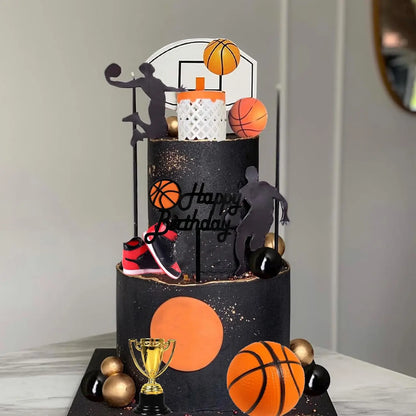 25 PCS Basketball Cake Toppers Black Gold Balls Cake Decorations Basketball Sports Theme Cake Decoration for Boy Birthday Party