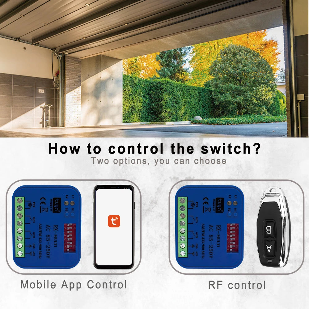 433-900MHz Tuya WiFi and RF Control Switch AC/DC 9-30V /85-250V 2CH Garage Smart Home Receiver for Smart Life Alexa Google Home
