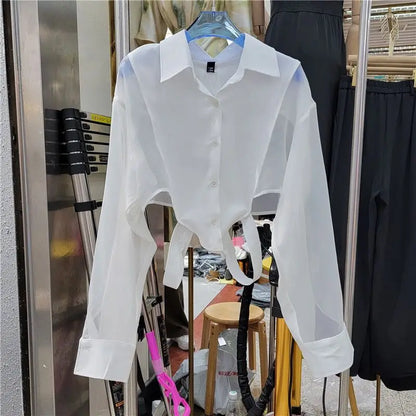 Shirts Women Sun-proof Crop Tops Sheer Loose Chic Summer Sexy Girls Ulzzang Fashion Casual Streetwear Camisa All-match Aesthetic