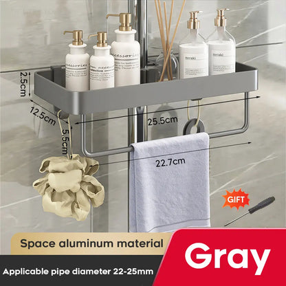 1/2PCS Shower Rack Punch-Free Bathroom Tray With Towel Bar Hooks Shampoo Holder Floating Shelf For Toilet Bathroom Organizer