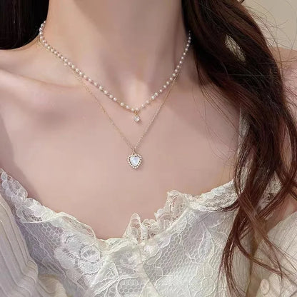 2023 New Fashion Trend Light Luxury Elegant Delicate Pearl Double Layer Heart Necklace Ladies High Jewelry Party Gifts Wholesale