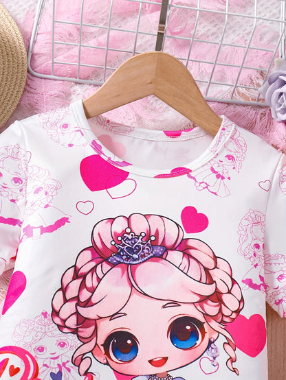 Girl's Cartoon Princess Love Printed Short Sleeved Dress Summer