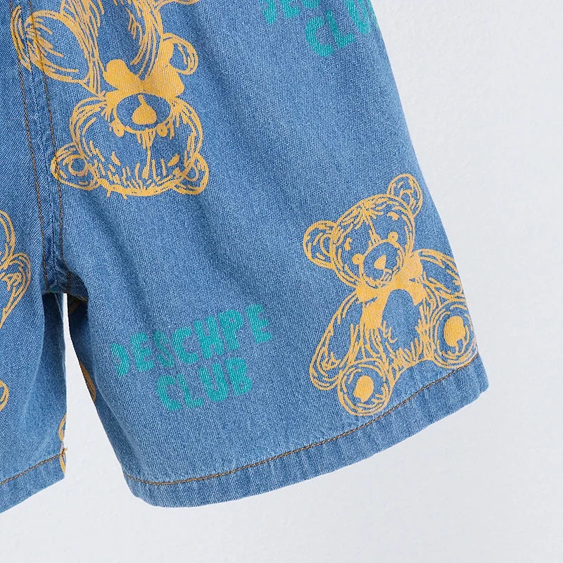 New Summer Boys Denim Clothing Sets Children Fashion Cartoon Bear Coats Shorts 2pcs Tracksuits  Infant Baby Casual Outfits Suits