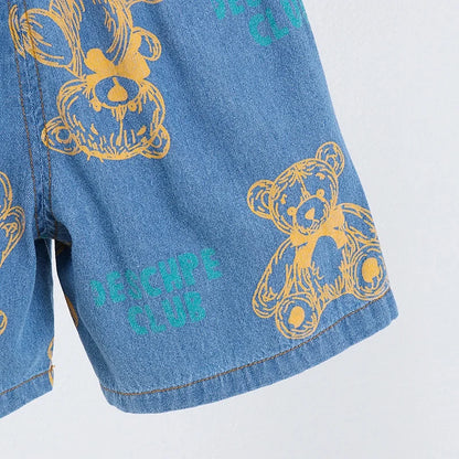 New Summer Boys Denim Clothing Sets Children Fashion Cartoon Bear Coats Shorts 2pcs Tracksuits  Infant Baby Casual Outfits Suits