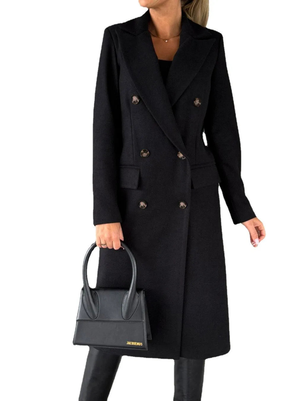 Women's Spring Style New Set Versatile Woolen Coat Solid Color Long Sleeve Double breasted Insert Pocket