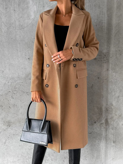 Women's Spring Style New Set Versatile Woolen Coat Solid Color Long Sleeve Double breasted Insert Pocket