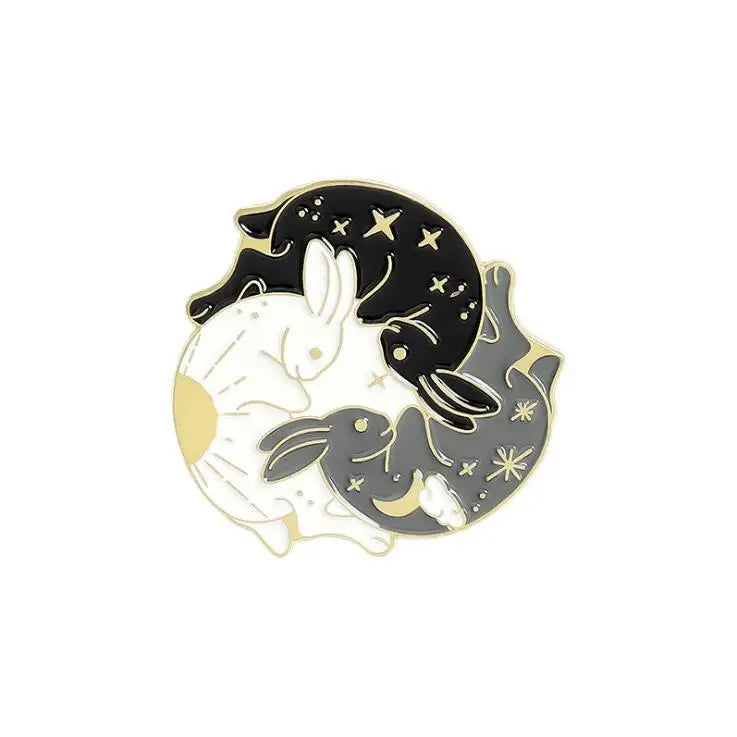Cartoon Black White Animal Hug Enamel Pins Fox Koi Fish Dinosaur Deer Rabbit Crescent Ghost Alloy Brooch Badge Fashion Jewelry