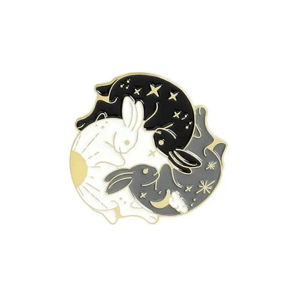 Cartoon Black White Animal Hug Enamel Pins Fox Koi Fish Dinosaur Deer Rabbit Crescent Ghost Alloy Brooch Badge Fashion Jewelry