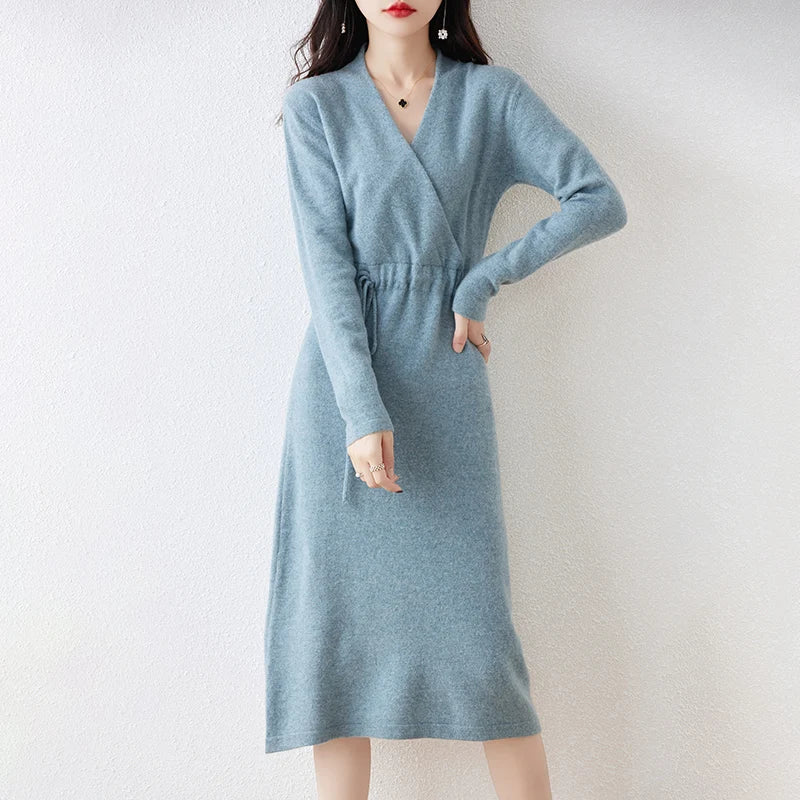 100% Wool Knitting Dresses Women 2023  Winter New Fashion Length-keen Warm&Best Quality Female V-neck Cloth Chinese Style Skirt
