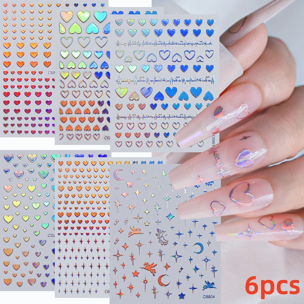 8Pcs Red Heart Nail Stickers 3D Bronzing Silver Gold Heart Shape Star & Moon Metal Totem Nail Slider Self-Adhesive DIY Nail Art*